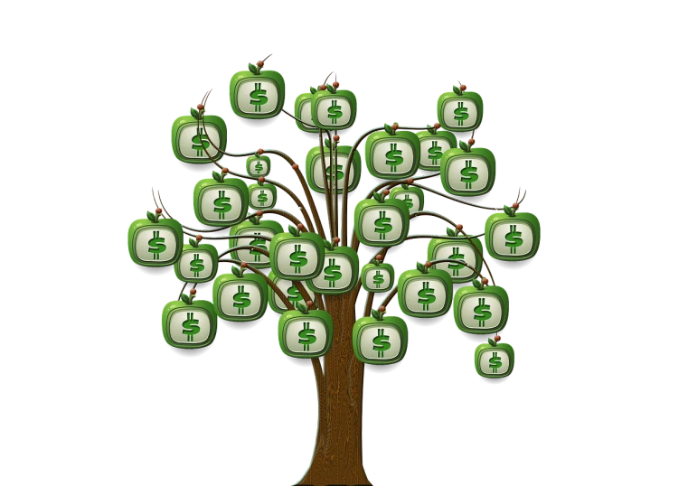 a tree with a lot of green apples on it, a digital rendering, dollar sign pupils, with a black background, bags of money, high res photo