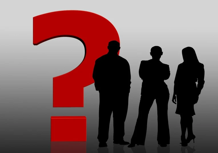 a group of people standing in front of a red question mark, trending on pixabay, gray black white and red noir, executive industry banner, criminals, presidental elections candidates