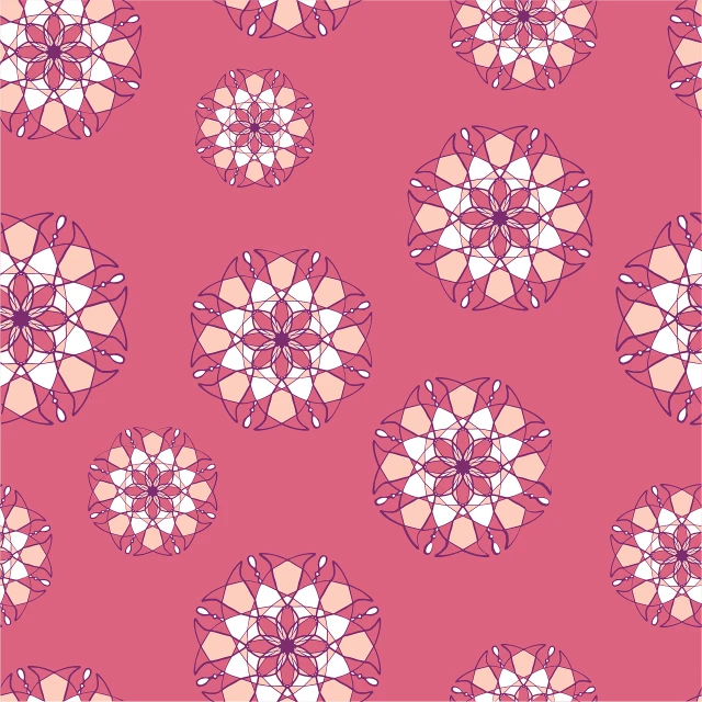 a pattern of flowers on a pink background, inspired by Fernando Gerassi, arabesque, symmetry illustration, round elements, hearts, hexagonal
