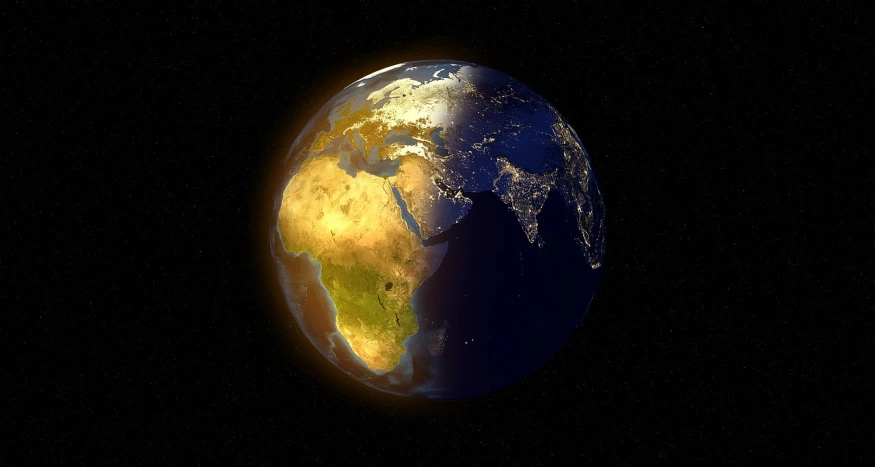 a view of the earth from space at night, a digital rendering, by Jon Coffelt, pixabay, massurrealism, half african, warm sunshine, half and half, gardening