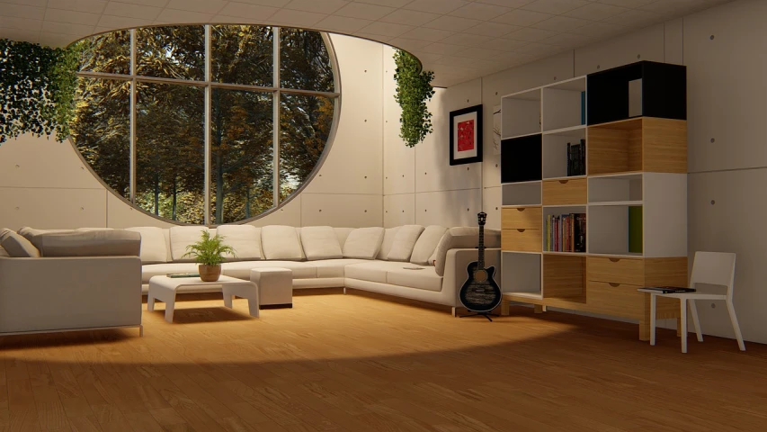 a living room filled with furniture and a large window, trending on cg society, circular windows, sterile minimalistic room, apartment of an art student, white l shaped couch