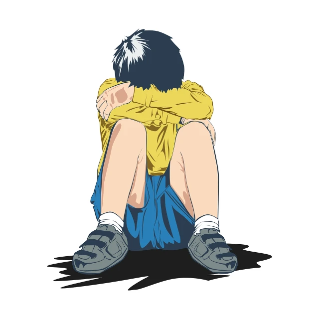 a boy sitting on the ground with his head in his hands, an anime drawing, color vector, style of eiichiro oda, bullying, with his back turned
