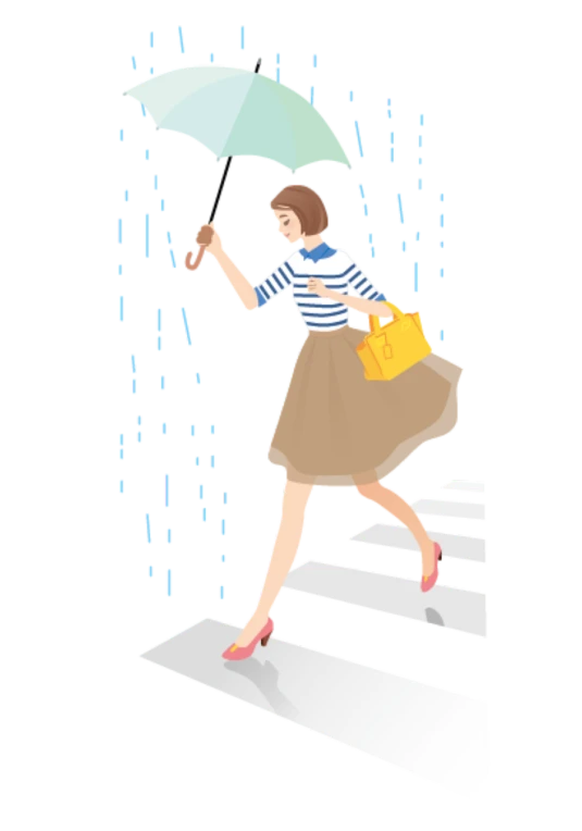 a woman walking across a crosswalk holding an umbrella, vector art, by Allen Jones, pixabay contest winner, figuration libre, dancing in the rain, style of yoshii chie, striped, catwalk
