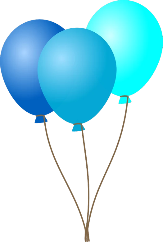 three blue balloons floating in the air, a digital rendering, inspired by Masamitsu Ōta, pixabay, on a flat color black background, at a birthday party, no gradients, paint tool sai!! blue