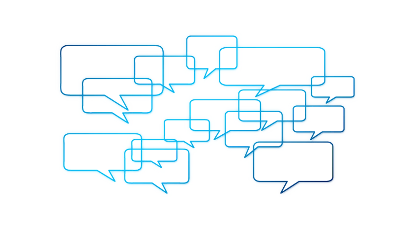 a group of speech bubbles on a black background, a digital rendering, by Allen Jones, digital art, thick blue lines, connected, 2012, ello