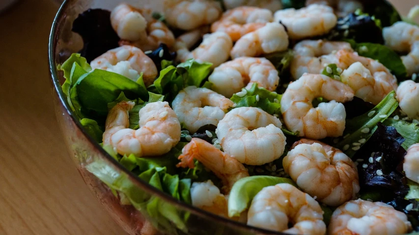 a salad with shrimp and lettuce in a bowl, a picture, by Carey Morris, renaissance, shallow depth, 🦩🪐🐞👩🏻🦳, close up high detailed, covered