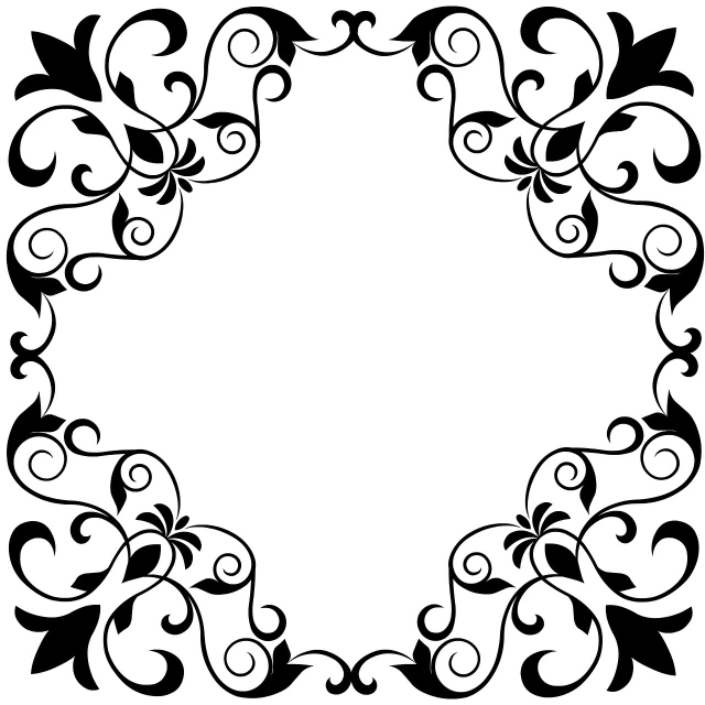 a black and white floral frame on a white background, inspired by Luigi Kasimir, trending on pixabay, baroque, black squares on 4 corners, card art, istockphoto, with kerala motifs