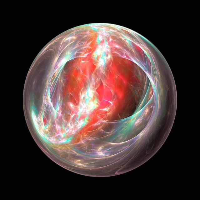 a close up of a sphere on a black background, a hologram, by Daniel Chodowiecki, digital art, red shift render, colorful swirly magical clouds, nuclear fusion, 3d style light refraction