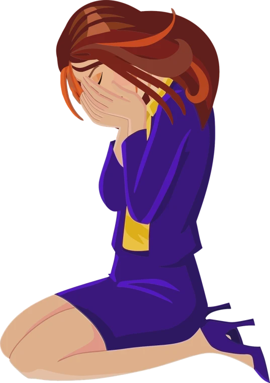 a woman sitting on the ground with her head in her hands, a cartoon, pixiv, !!! very coherent!!! vector art, purple dress, crying one single tear, wikihow illustration