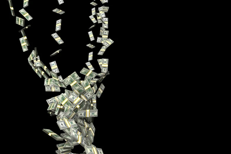 a bunch of money falling into the air, a digital rendering, by Jon Coffelt, conceptual art, on black background, h- 1024, vertical wallpaper, houdini 3 d render