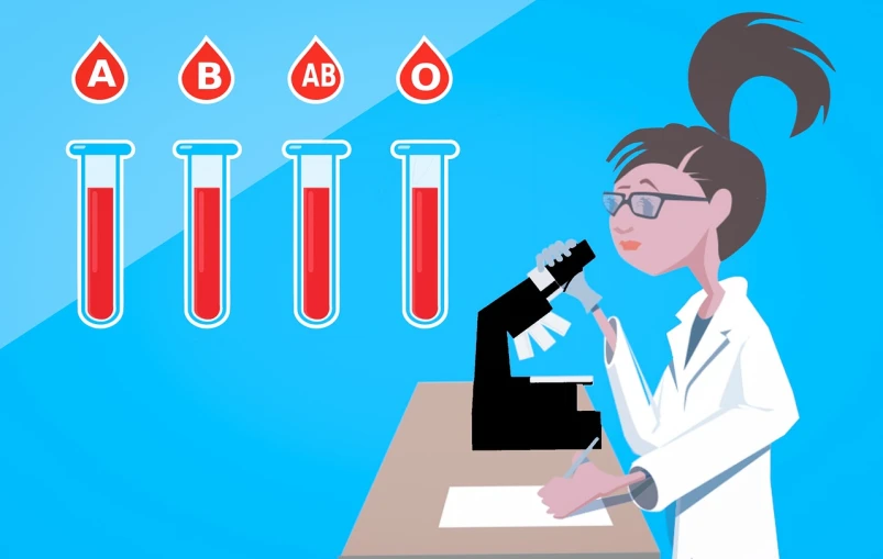 a woman in a lab coat looking through a microscope, an illustration of, by Jeanna bauck, pixabay, blood collection vials, standing in a pool of blood, 🕹️ 😎 🔫 🤖 🚬, flat graphic design