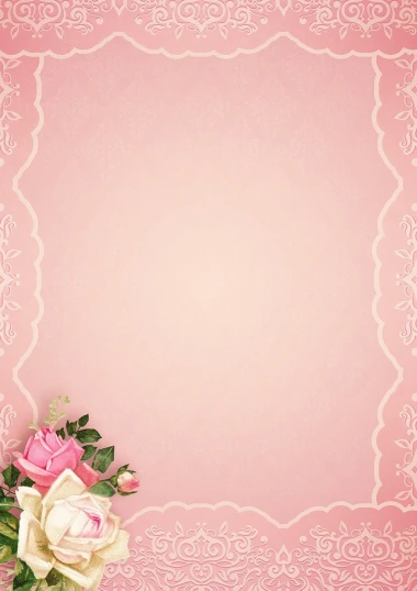 a bouquet of white and pink roses on a pink background, art deco, ornate border frame, corner office background, victorian lace, without text