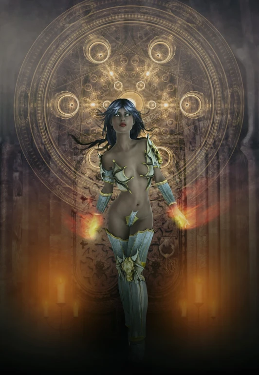 a woman that is standing in front of a clock, fantasy art, ornate bikini armor, ghost of the fire spirit, center view, dressed as an oracle