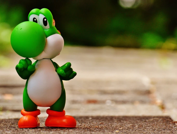 a close up of a toy figure of a frog, inspired by Luigi Kasimir, pixabay contest winner, walking to the right, yoshi, doing a sassy pose, phone wallpaper