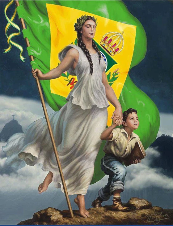 a painting of a woman and a child holding a flag, by Juan O'Gorman, cg society contest winner, art nouveau, goddess. extremely high detail, brazilian flag, standing triumphant and proud, jayson tatum as mother mary