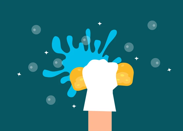 a person washing their hands with a sponge, vector art, shutterstock, conceptual art, blue and gold color scheme, water fists of fury, flat design, glittering