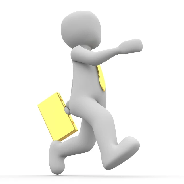 a person running with a briefcase and a tie, a picture, gold, customers, slend body, figure