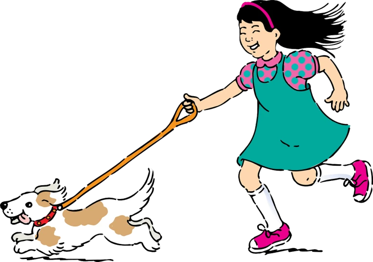 a girl running with a dog on a leash, an illustration of, by Ayako Rokkaku, pixabay, jack russel dog, children\'s illustration, clean lineart and color, wikihow illustration