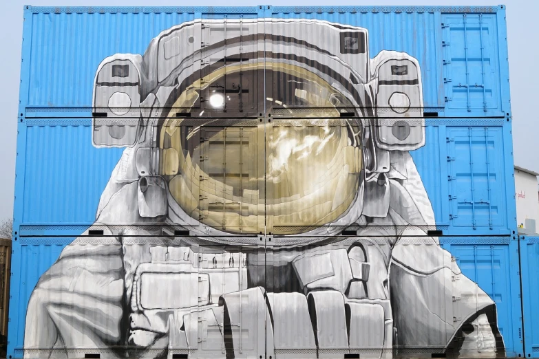 a painting of an astronaut on the side of a building, street art, shipping containers, highly detailed picture, closeup photo, highly detailed illustration