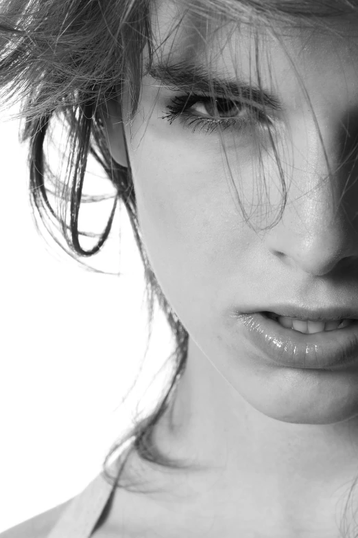 a black and white photo of a woman with wet hair, by Jakob Gauermann, close-up perfect face, highres, face study, high - key