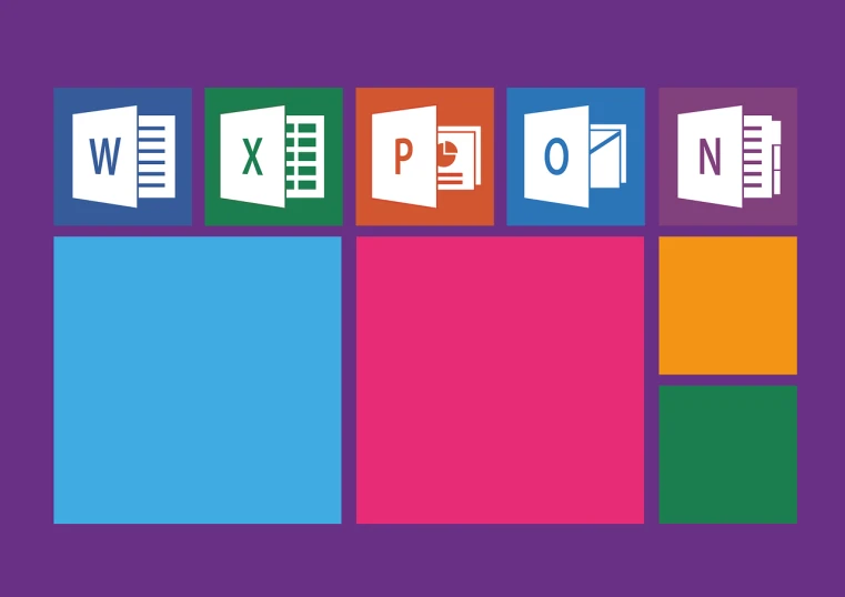 the microsoft office logo on a purple background, a screenshot, by Gina Pellón, pexels, pictogram, various colors, zoomed out to show entire image, excel running on the computer