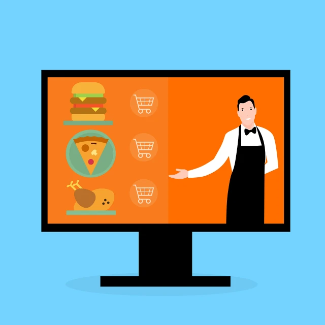 a man standing in front of a computer screen, computer art, trendy food, presenting wares, restaurant, worksafe. illustration