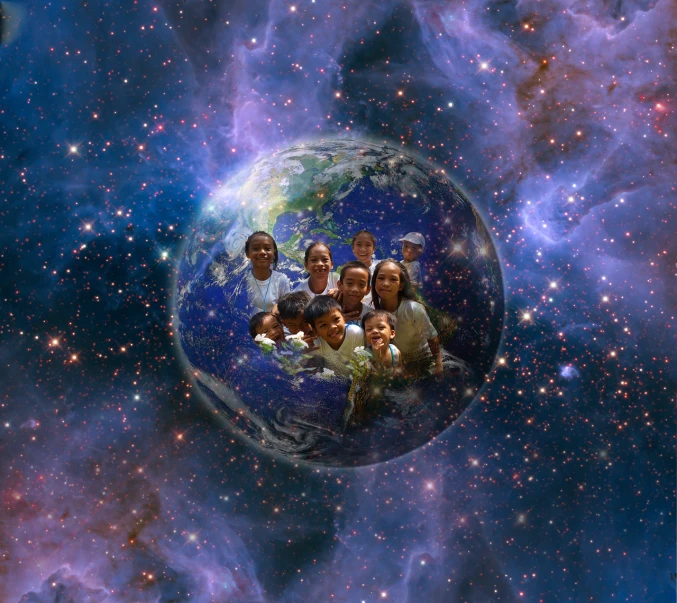 a group of people standing in front of a planet, by Jon Coffelt, school class, world peace, family photo, floating in a nebula