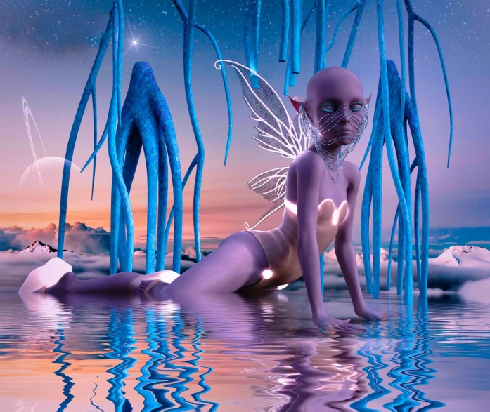 a woman sitting on top of a body of water, a 3D render, inspired by Alison Kinnaird, fantasy art, beautiful pink little alien girl, ice queen, very beautiful photo, elf with blue skin