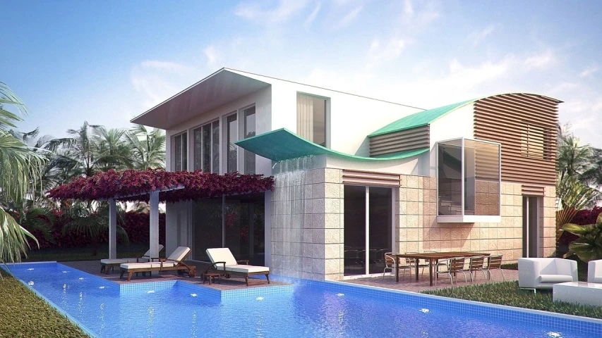 a house with a swimming pool in front of it, a digital rendering, by Zahari Zograf, architectural finishes, green house, front-view, front perspective