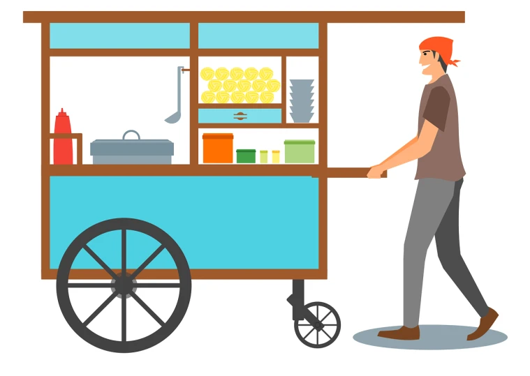 a man that is standing in front of a cart, an illustration of, by Whitney Sherman, shutterstock, food stall, caravan, isolated on white background, wheels