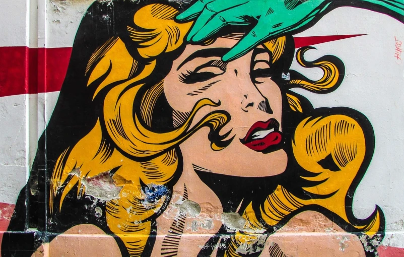 a painting of a woman with a bird on her head, a pop art painting, by Paul Guigou, trending on pexels, street art, old comics in city, with pointing finger, barbarella, wallpaper - 1 0 2 4