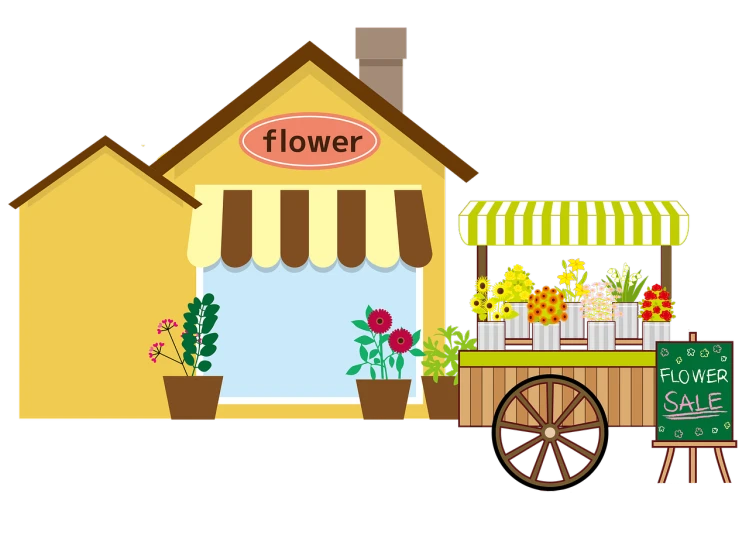 a flower shop with a cart full of flowers, a digital rendering, pixabay, naive art, building cover with plant, black, animation, honey