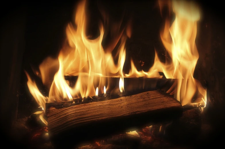 a close up of a fire burning in a fireplace, a picture, by Leo Goetz, shutterstock, animation, wooden, album photo, bottom angle