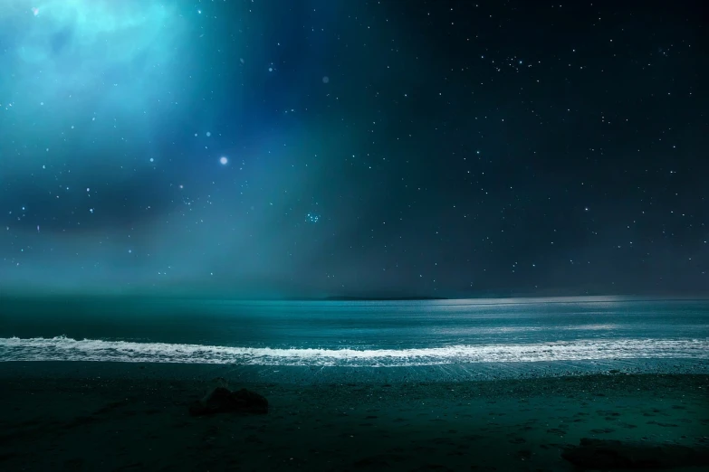 a couple of people standing on top of a beach under a sky full of stars, digital art, minimalism, turquoise horizon, sitting on the beach at night, ultra wide horizon, calm waves