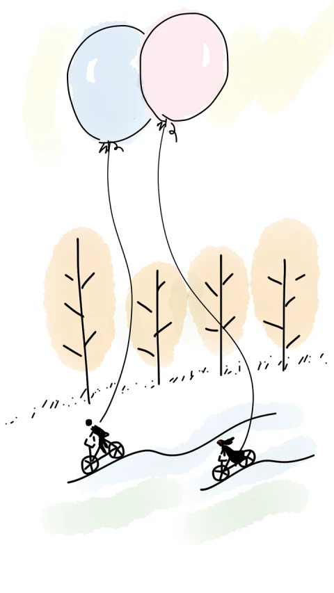 a drawing of two balloons being pulled by a bike, a cartoon, by Odhise Paskali, dribble, conceptual art, winding around trees, sunny winter day, without text, subtle details
