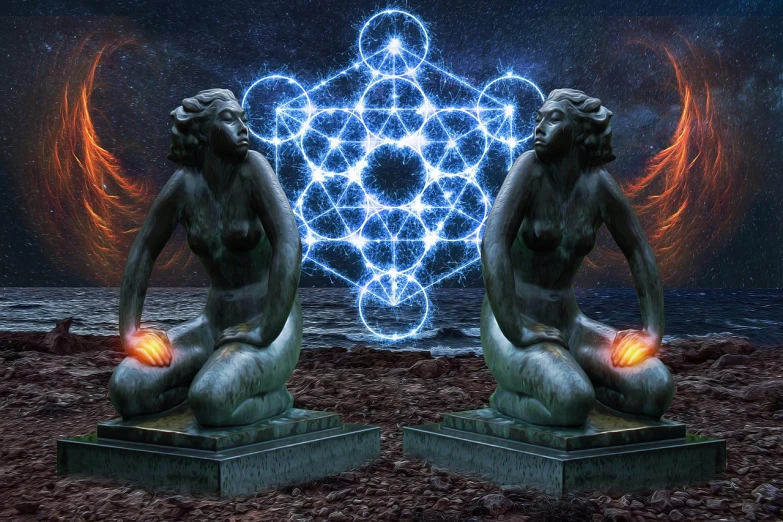 a couple of statues sitting next to each other, by Daniel Chodowiecki, digital art, sacred geometry, “ femme on a galactic shore, summoning circle, atoms colliding