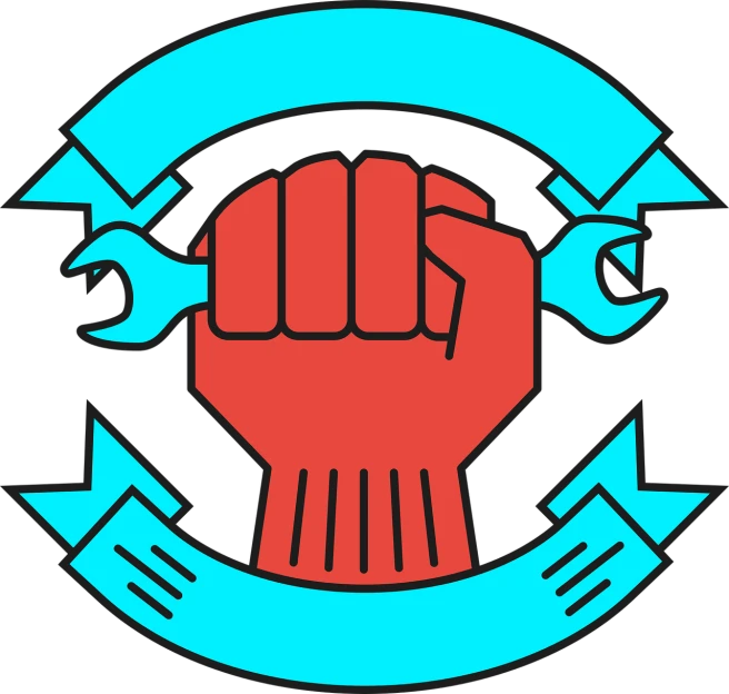 a hand holding a wrench in the middle of a circle, inspired by John E. Berninger, sots art, red and cyan, anarcho - communist hordes, clenched fists, unreal engin