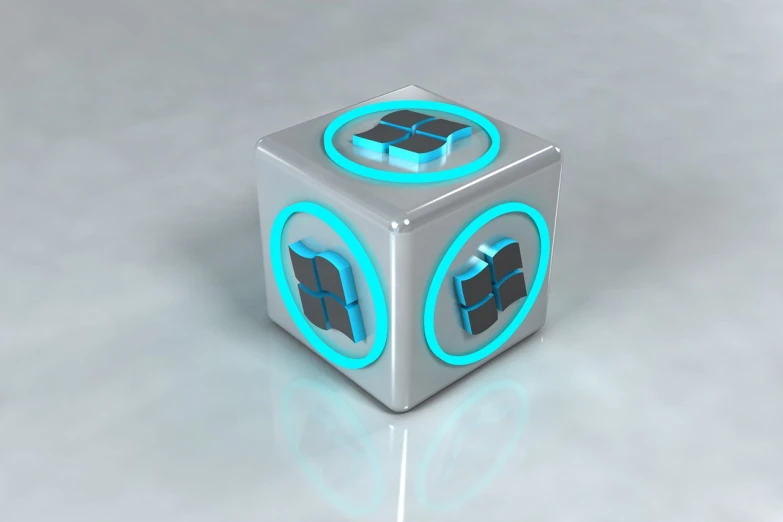 a silver and blue dice sitting on top of a table, a computer rendering, by William Gear, deviantart, cubo-futurism, glowing windows, on grey background, mechanical features and neon, icon