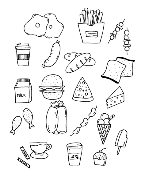 a drawing of a variety of food items, lineart, minimalism, spots, coloring book, daily life, white and black color palette
