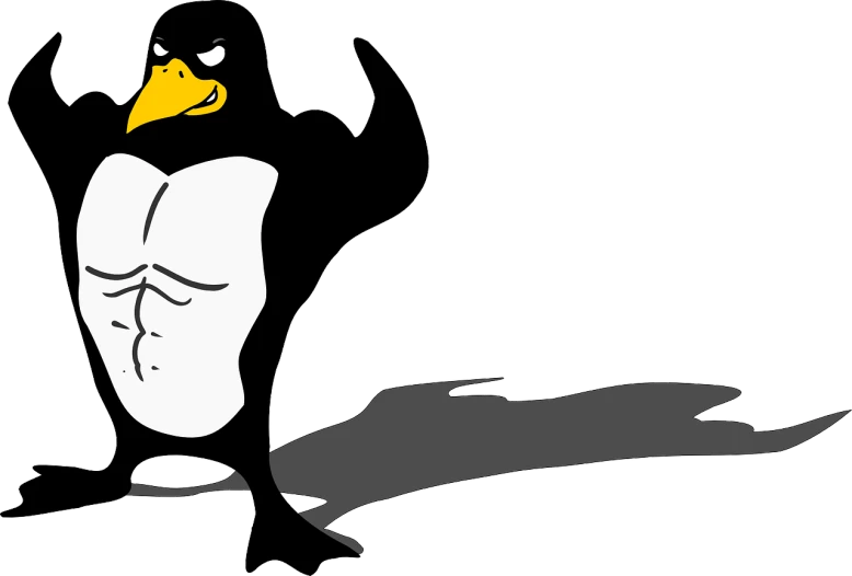 a black and white penguin with a yellow beak, an illustration of, by Max Švabinský, pixabay, renaissance, exaggerated muscle physique, hacking into the mainframe, a python programmer's despair, evil pose