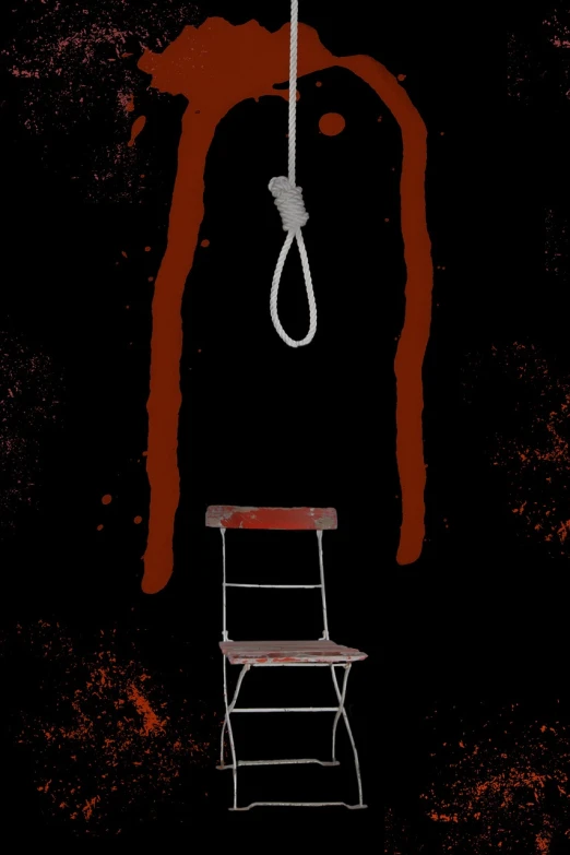 a chair and a noose hanging from a rope, flickr, conceptual art, 1128x191 resolution, blood dripping down the head, cad, human torture