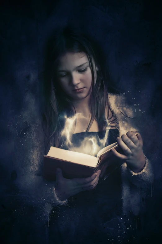a woman that is holding a book in her hands, by Adam Marczyński, shutterstock, fantasy art, casting a powerful spell, little girl with magical powers, istockphoto, teen girl