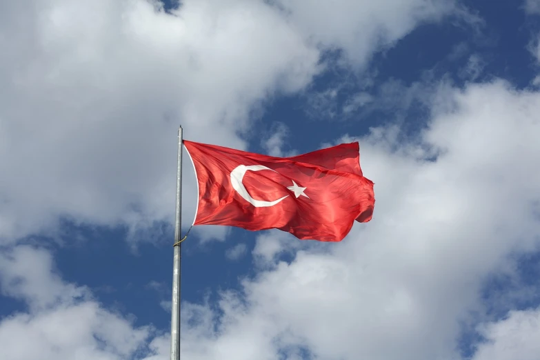 a turkish flag flying high in the sky, a photo, highly detailed product photo, on a cloudy day, high res photo, highly detailed photo