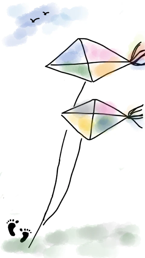 a drawing of a person flying a kite, an abstract drawing, inspired by Okuda Gensō, tumblr, crystal cubism, detailed shot legs-up, digital watercolor, made of diamond, straw