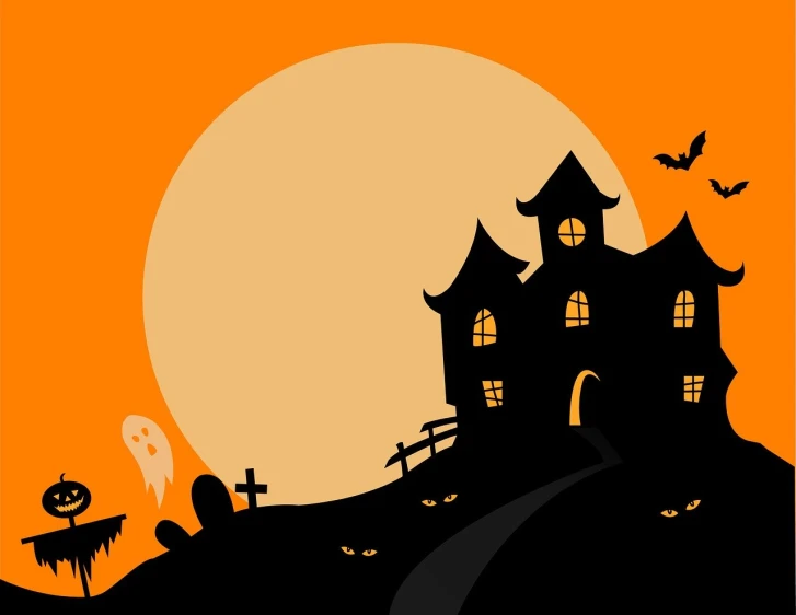 a scary house on a hill with a full moon in the background, a cartoon, shutterstock, black and orange, 1128x191 resolution, church background, 5 feet away