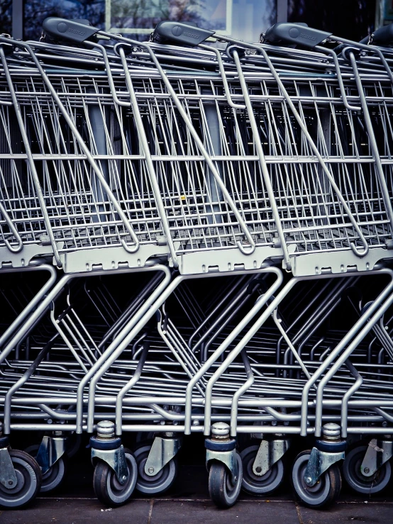 a row of shopping carts sitting next to each other, a photo, by Jakob Gauermann, precisionism, complexly detailed, close - up photo, oversaturated, ready to eat