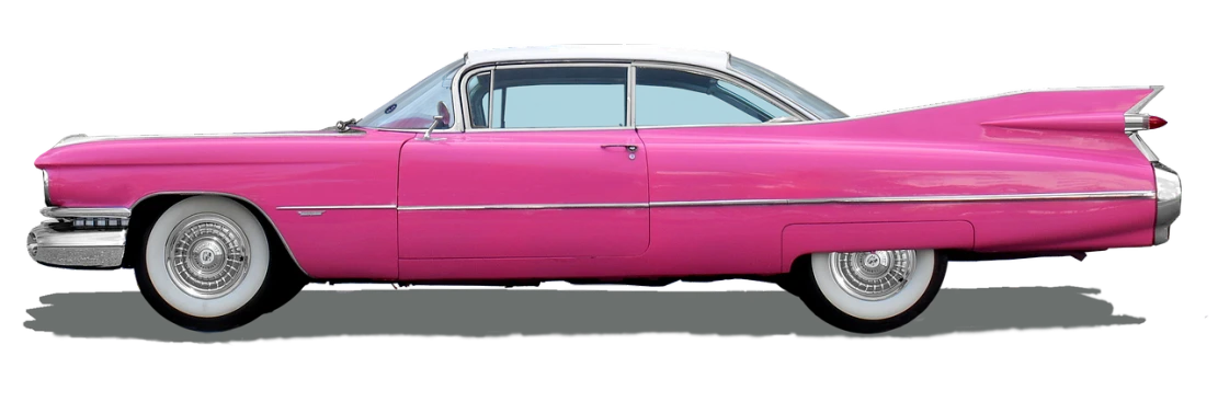 a pink classic car with a white top, a pastel, by Dennis Ashbaugh, pixabay, 2d side view, codachrome, rocket, side view profile centered