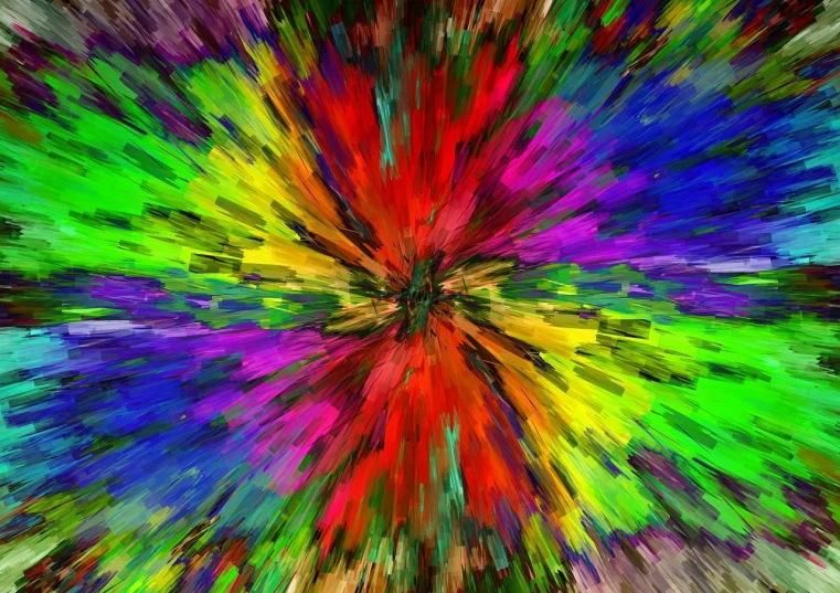 a colorful burst of paint on a black background, a digital rendering, by Jon Coffelt, abstract illusionism, rave background, rainbow shift, flower explosion, red spike aura in motion