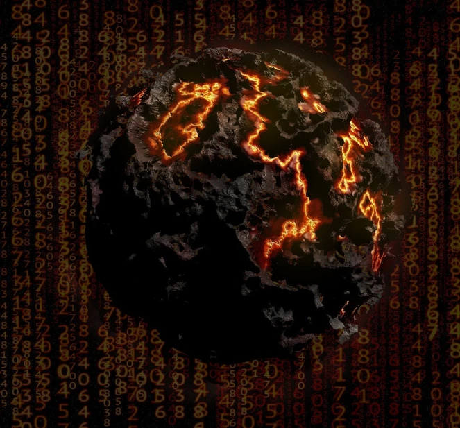 a close up of a planet with numbers in the background, a digital rendering, the matrix servers on fire, made of lava, closeup photo, demolition