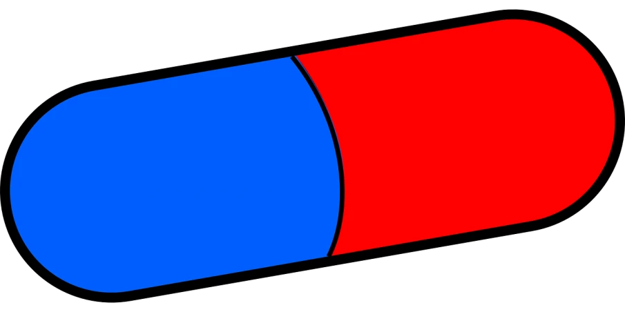 a red and blue pill on a black background, by Leon Polk Smith, abstract illusionism, tube wave, two colors, single flat colour, politics